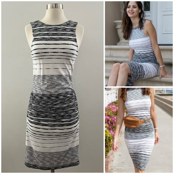 Athleta Stripe Midi Tank Dress Sleeveless Ruched Summer Casual Black White Small - Picture 1 of 9